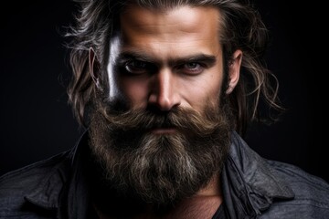 Fototapeta premium Close-up photo of a dense, styled beard and mustache on a black matte background
