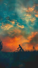 Obraz premium Majestic silhouette of a person riding a bicycle through the countryside.