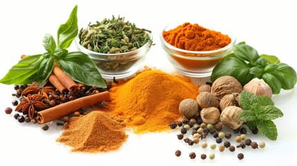 Assortment of Spices and Herbs on White Background