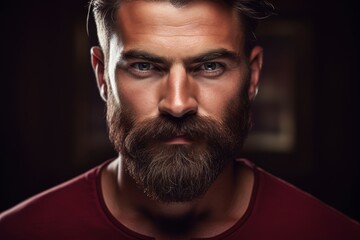 Fototapeta premium Close-up photo of a well-defined beard and mustache on a dark claret background