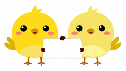 Cute chicks holding blank text board vector illustration