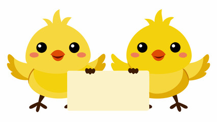 Cute chicks holding blank text board vector illustration