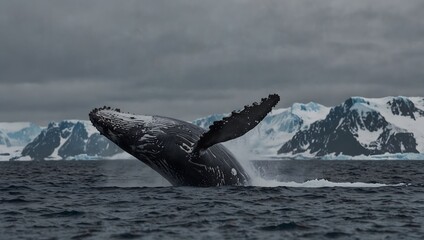 Fototapeta premium The journey of a migrating humpback whale, from the icy waters of Antarctica to the warm tropics ai-generated