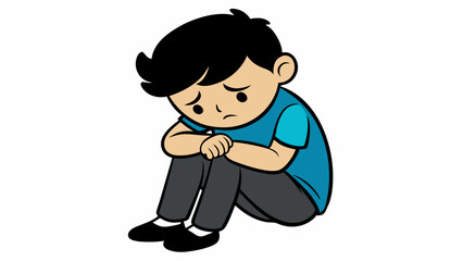 Vector cartoon illustration of a sad boy hugging his knee and crying