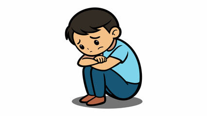Vector cartoon illustration of a sad boy hugging his knee and crying