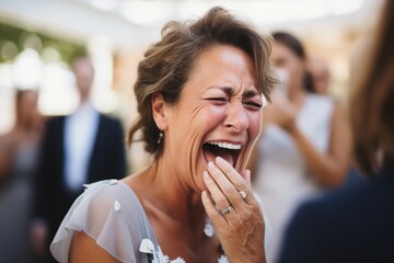 
Close-up photo of a mother in her 50s, tears of joy and happiness at her child's wedding in the blurred background