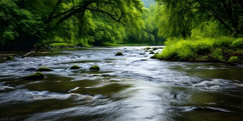 Obraz premium Lush riparian zone with swollen riverbanks rushing waters and vibrant forest colors. Concept Nature Photography, Riparian Ecosystem, Landscape Beauty, River Landscapes, Forest Vibrancy