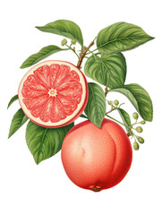 Grapefruit with branches and leaves isolated on transparent background, old botanical illustration