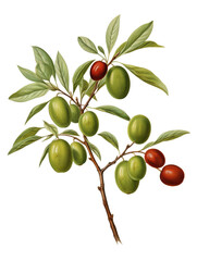 Jujube with branches and leaves isolated on transparent background, old botanical illustration