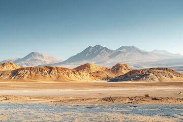 Fototapeta premium Barren arid scenery with rough weathered hills and far-off peaks against a cloudless sky in Atacama, Chile.