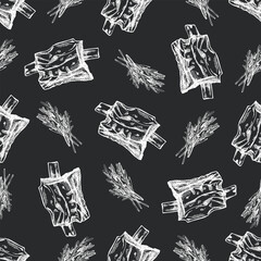 and  greens. Doodle vintage illustration. Decorations for the menu of cafes and labels. Engraved image on chalkboard background.