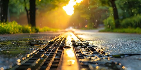 Efficient street water drainage system managing rainwater effectively. Concept Sustainable Drainage Systems, Stormwater Management, Urban Flooding, Green Infrastructure, Permeable Pavements