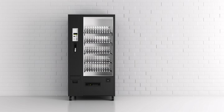 Monochromatic automated vending machine with 3D rendering of snacks and beverages, featuring an empty display and push-button system.