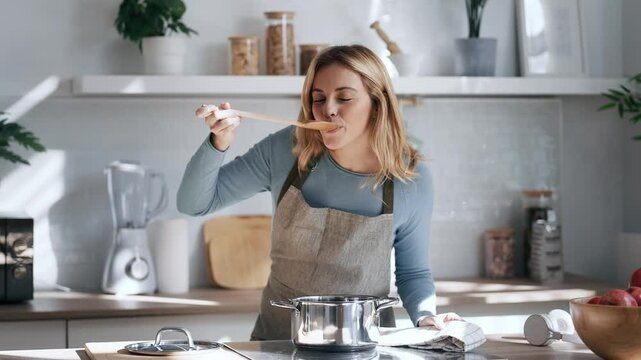 Video of beautiful woman cooking healthy food in casserole while blowing the spoon to taste the food in the kitchen at home.