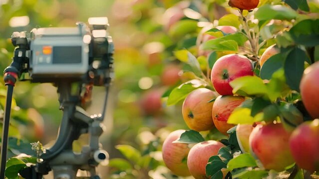 A mobile robot equipped with a spectrometer moves through an apple orchard analyzing the sugar levels and firmness of each fruit for optimal harvesting.