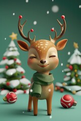 A 3D rendered image of a smiling reindeer wearing a green scarf standing in front of two decorated Christmas trees