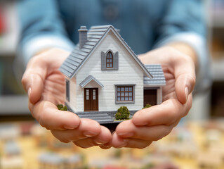 Energy-Efficient Home Concept. Mini house model in hands,