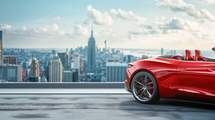 Sleek red convertible on the right, left side empty space with blurred cityscape background, ideal for stylish car advertisements.