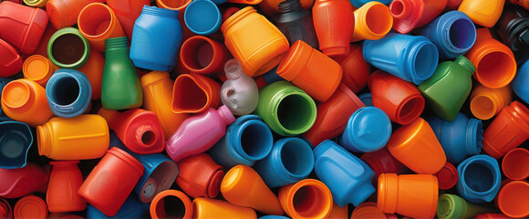 Colorful plastic caps and containers, close up.