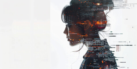 A conceptual illustration of the artificial intelligence concept with a business woman silhouette and digital data background, in the style of double exposure photography