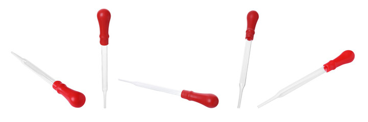 Pipettes isolated on white, set. Medical equipment