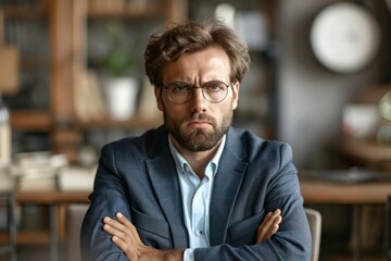 Fototapeta premium Young businessman with a serious and focused expression sitting in office at desk.