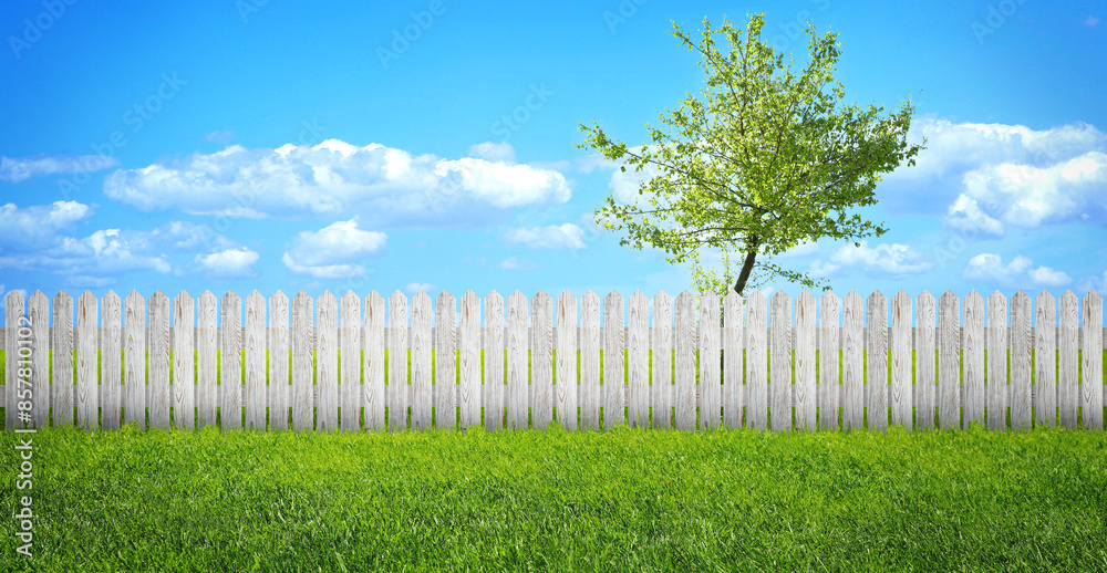 Canvas Prints Wooden fence and green grass outdoors, banner design