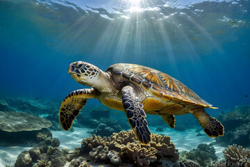 Fototapeta premium A giant sea turtle swimming under the ocean