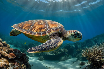 Obraz premium A giant sea turtle swimming under the ocean