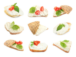 Delicious sandwiches with cream cheese isolated on white, set