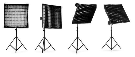 Professional lighting equipment isolated on white, set
