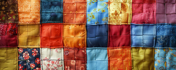 A colorful patchwork quilt, its squares of fabric sewn together with love and care.
