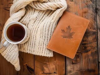 Cozy Autumn Scene with Knitted Blanket, Coffee Mug, and Leather Notebook on Rustic Wooden Table