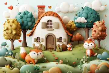 Cute cartoon illustration of a house, foxes and forest.