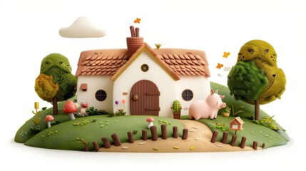 Cute 3D illustration of a fairytale house with pigs in the garden.