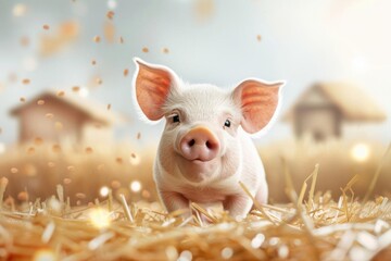 Cute piglet with happy expression in a farmyard setting.