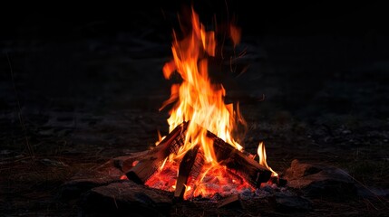 Burning wood at night. Campfire at touristic camp at nature in mountains. Flame amd fire sparks on dark abstract background. Cooking barbecue outdoor. Hellish fire element. Fuel, power and energy