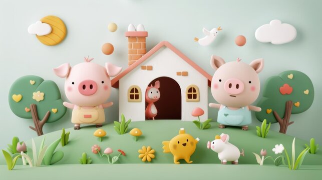 Water color adorable, on a white background  Three little pigs saying goodbye to their mother outside a cozy, small cottage with a garden