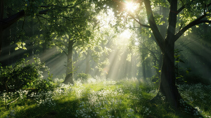 Fototapeta premium Summer forest scenery with warm light illumining the foliage. 
