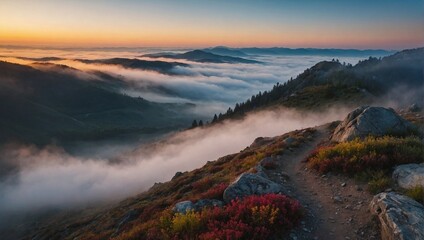 Fototapeta premium Pleasant sunrise in the mountains shrouded in fog