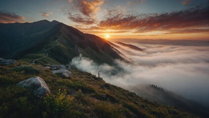 Fototapeta premium Pleasant sunrise in the mountains shrouded in fog