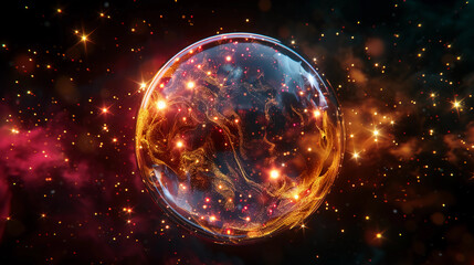 3D Spectacular cosmic cloud explosion within transparent sphere with black background. Nebula and stars in space concept with red neon. Abstract wallpaper and creative design, AI Generative.