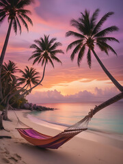 Naklejka premium A remote, exotic beach at sunset. A hammock is strung between two palm trees, and in the distance, a small boat is anchored near the shore. The sky is ablaze with hues of orange, pink, and purple.