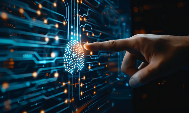 Fingers touching virtual icons on a digital futuristic interface with artificial intelligence technology concepts. A human hand finger points at a blue hologram brain symbol and social media icons