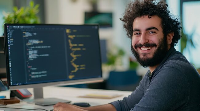 A smiling Middle Eastern male software developer sitting in front of his computer with code on the screen, wearing casual and curly black hair, in an office background.