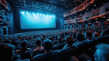 Large IMAX theater filled with a seated audience eagerly awaiting the start of a highly anticipated film screening  The massive screen dominates the space