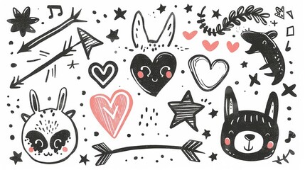 Obraz premium Playful and quirky doodles including stars, hearts, arrows, and whimsical animals