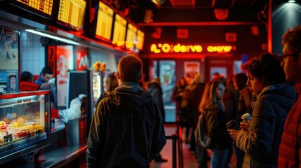 Fototapeta premium Moviegoers standing in line and waiting to purchase concessions and refreshments during the intermission or break at the local theater or cinema