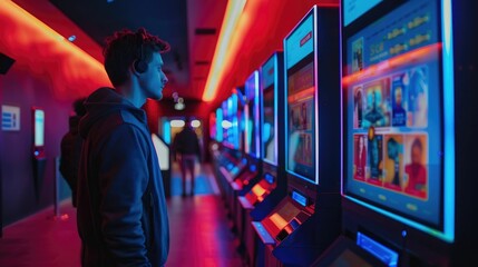 Obraz premium Digital Cinema Ticket Kiosk with User Interface Allowing Patron to Select Seats for an Immersive Movie Viewing Experience in a Modern Neon Lit Entertainment Space