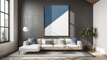 Fototapeta premium A sleek living room with a minimalist aesthetic, featuring a single, large minimalist print in a geometric blue and white design